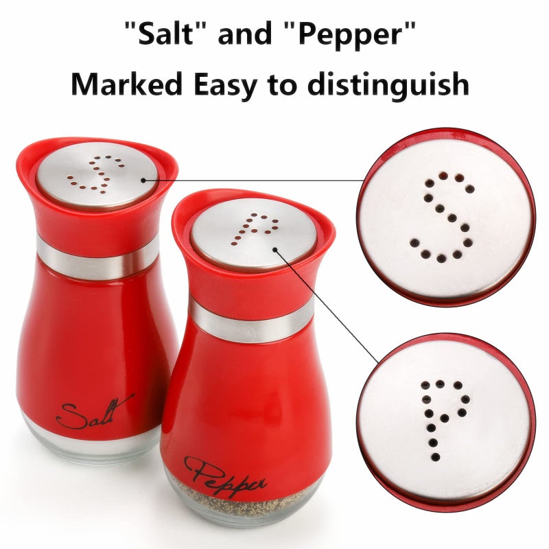 Tebery 4 Ounces Red Salt and Pepper Shakers Set, Elegant Stainless Steel with Glass Bottom - Image 4